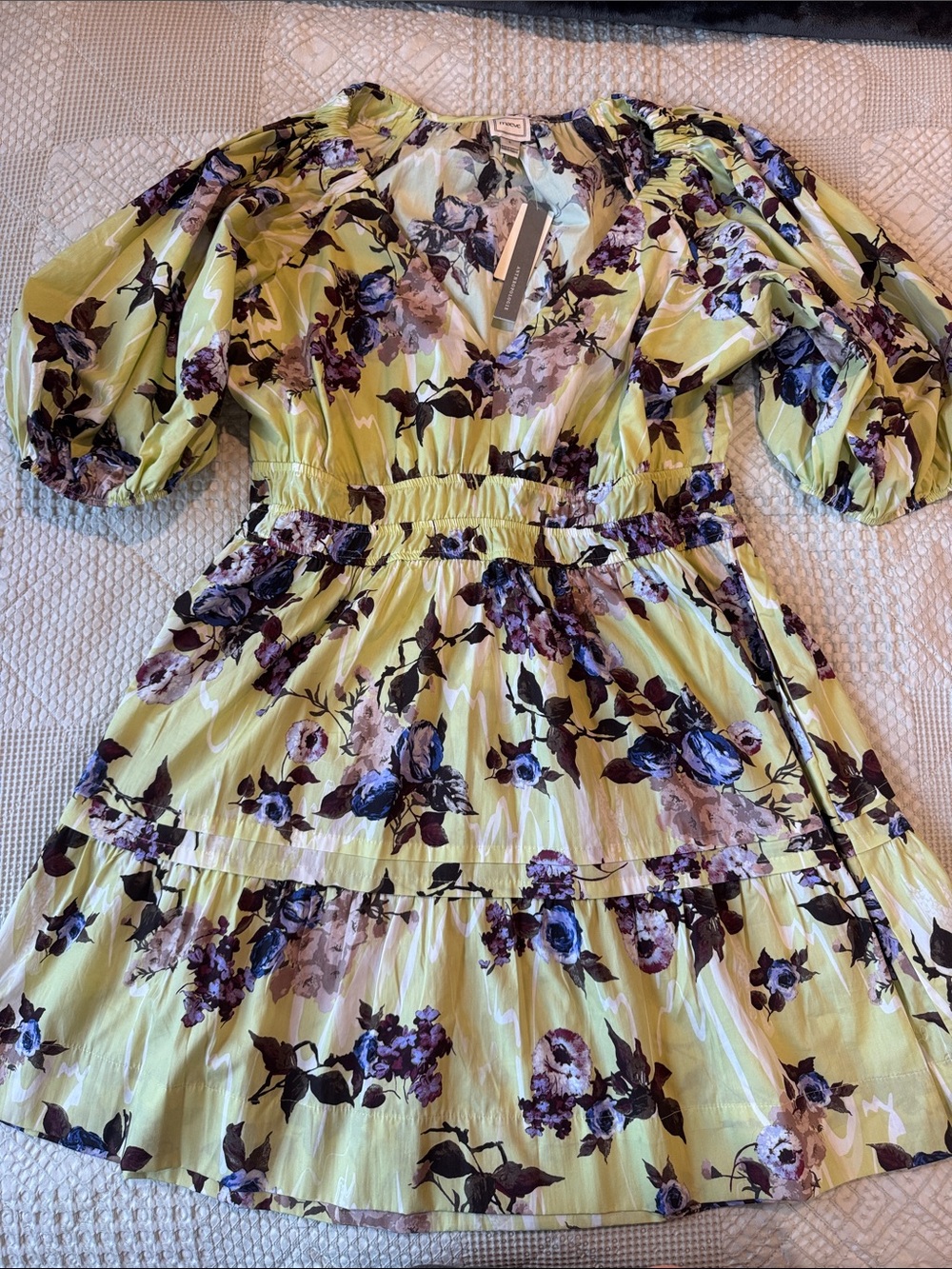 Anthropologie Floral Puff-Sleeve Mini Dress in Lime Green and Purple